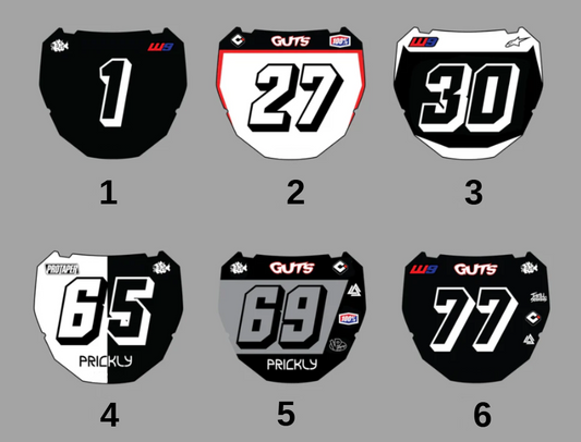 Set of custom ODI plate stickers with various numbers, black and white color scheme, and sponsor logos, designed for durable, waterproof application on dirt bike number plates.